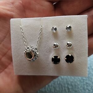 Avon Milada 4-Piece Gift Set, Necklace, 3 Pairs Of Earrings, Silver, Black, NIB